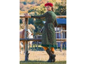 Green Floral Cotton Dress With Lace Elastic Waist