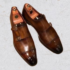 Handmade Men's Genuine Brown Leather Shoes Double Monk